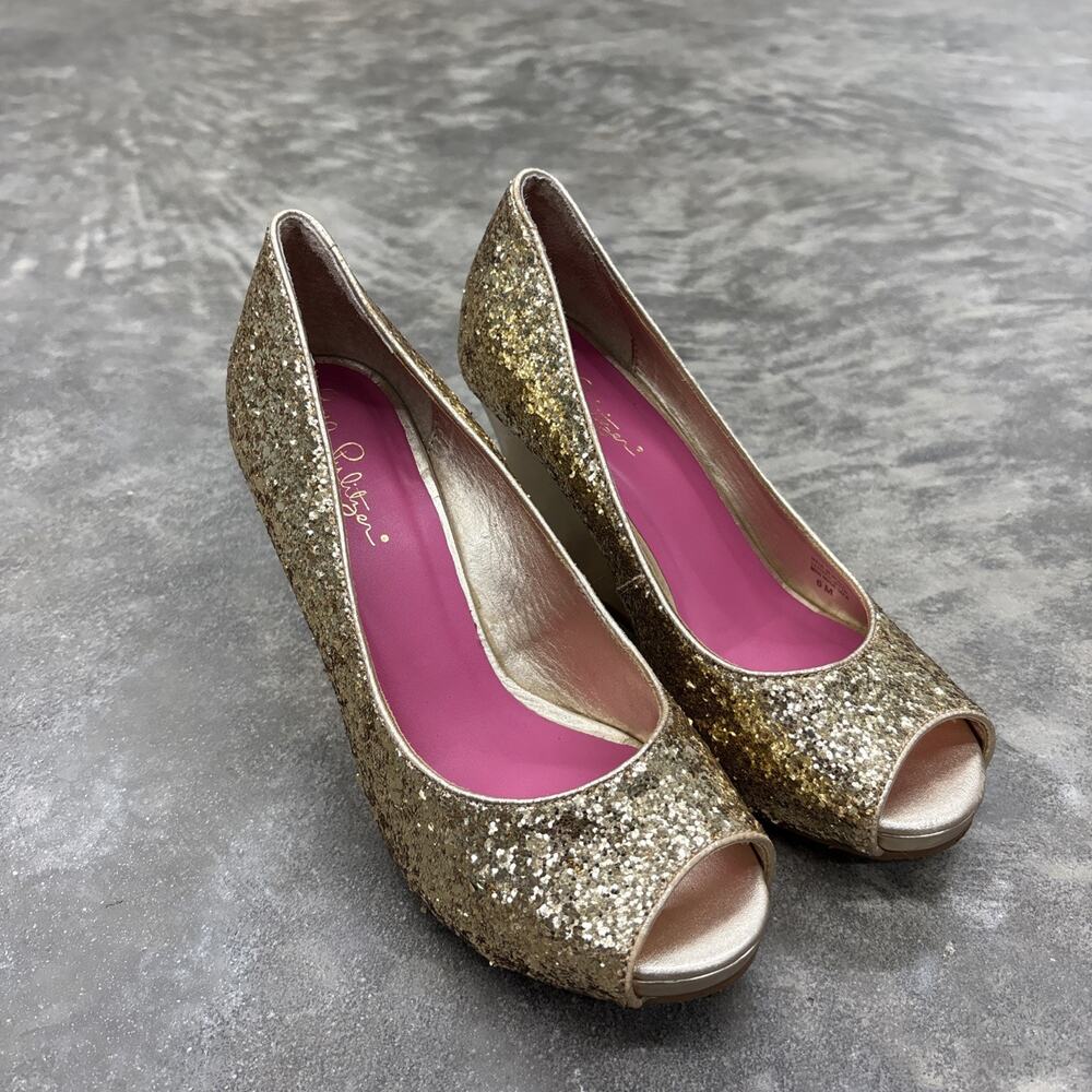 Lilly Pulitzer Gold Glitter Peep Toe Metallic Wedge Heels Size 6M Sparkle Party